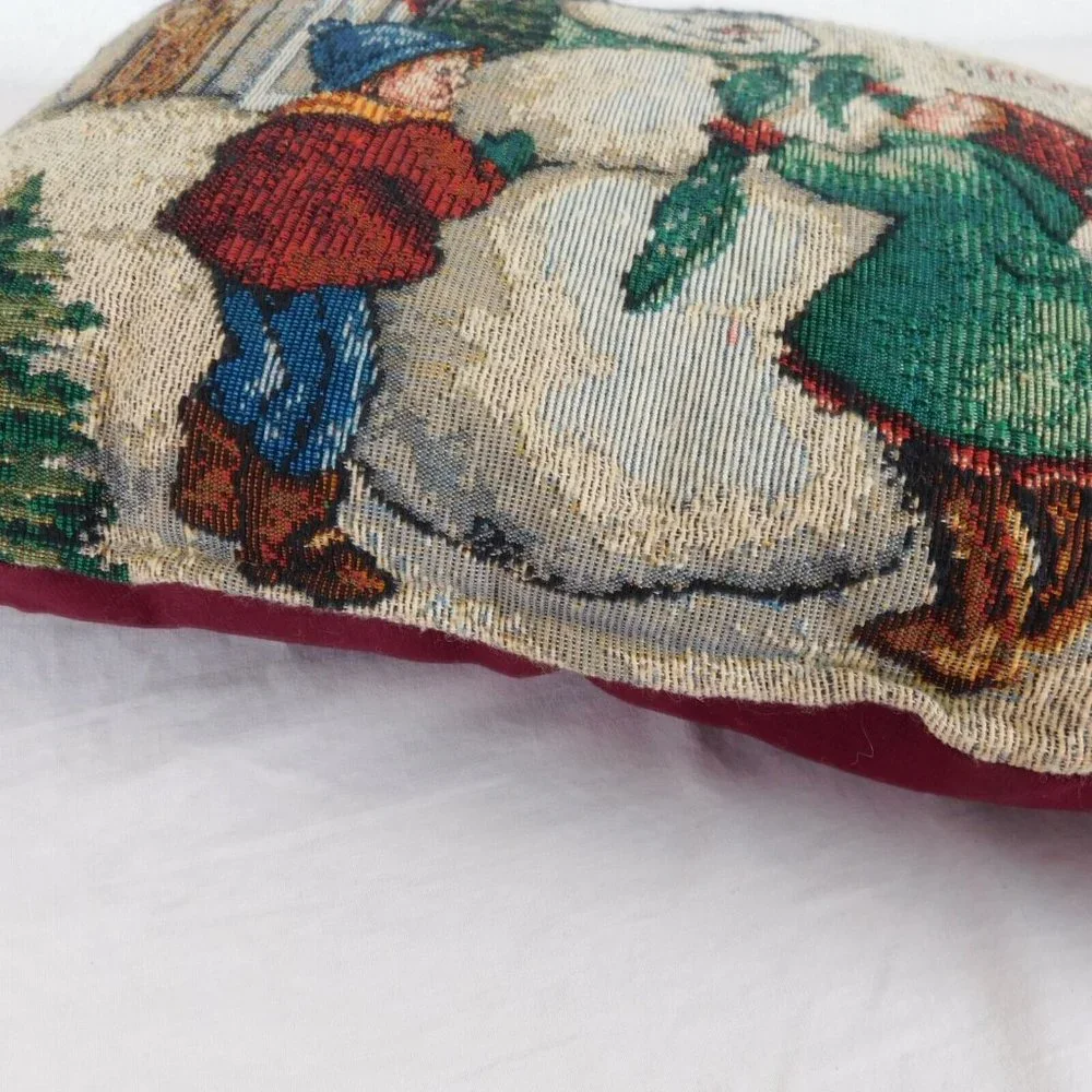 Christmas Tapestry Throw Pillow Snowman Kids Holiday Dr. Sled 15.5x11.5 Burgundy